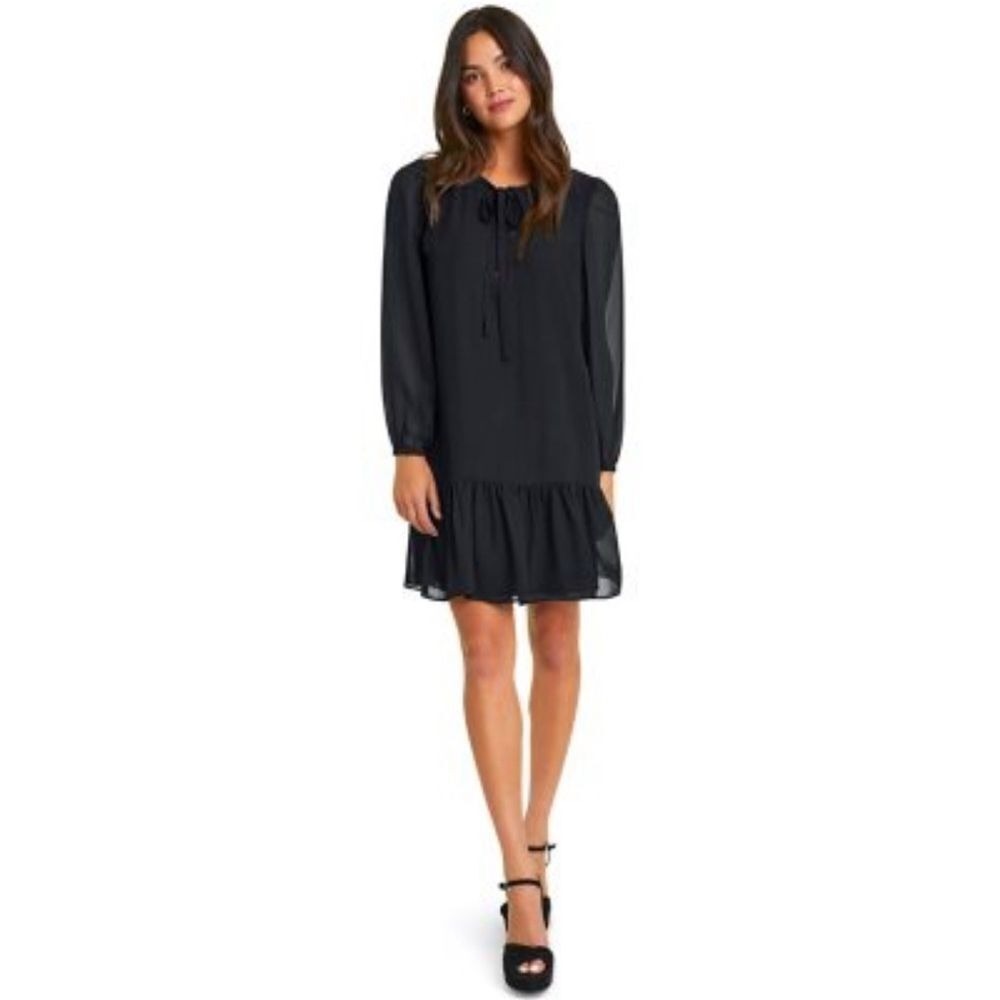 DRAPER JAMES Long Sleeve Mini Dress Small Black Tie Neck Ruffle Hem Lined NWOT